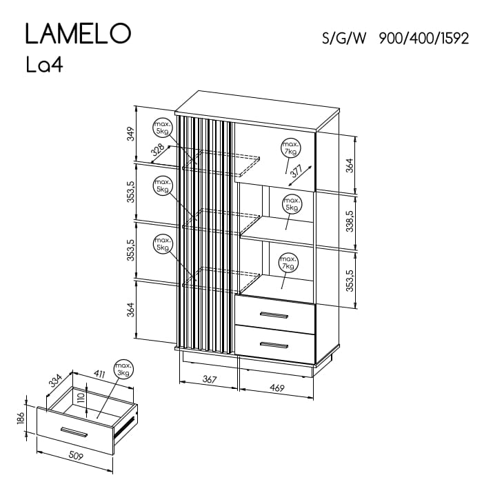 Szafka Lamelo LA4 - wnętrze i wymiary