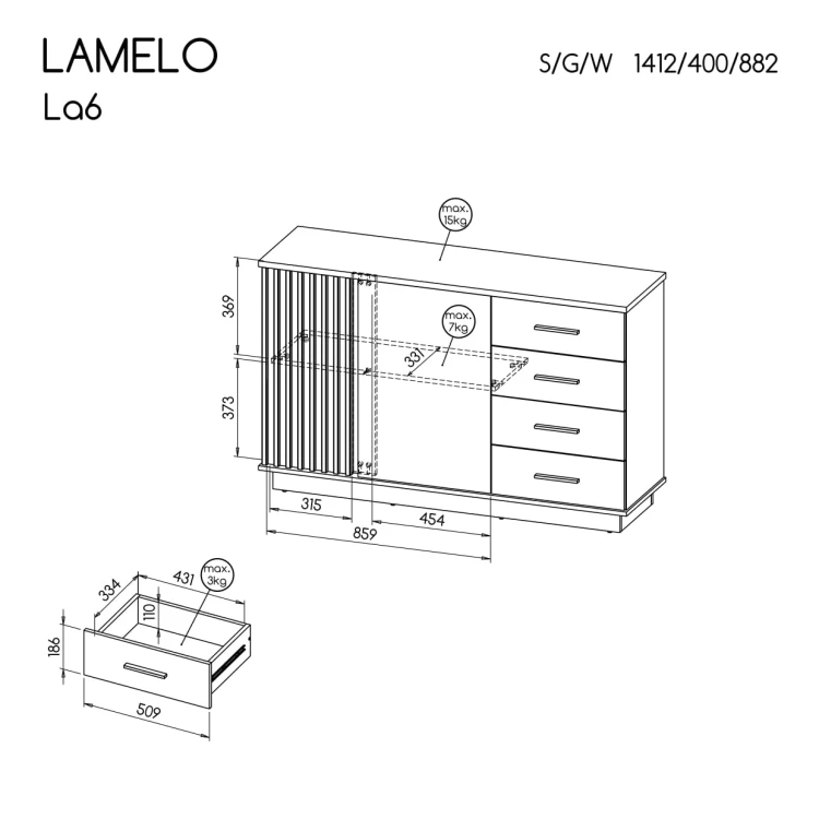 Duża Komoda loftowa Lamelo LA6 | Dąb Wotan + Czarny mat - szkic