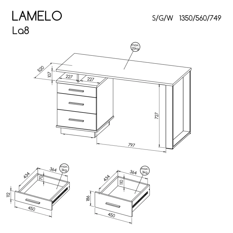 Biurko loftowe Lamelo LA8 | Dąb Wotan + Czarny mat - szkic