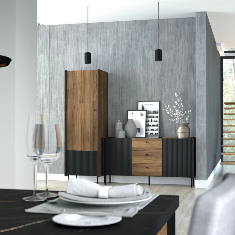 Szafka RTV Prestigo P17 | Orzech Warmia + San Sebastian + Czarny mat - aranżacja